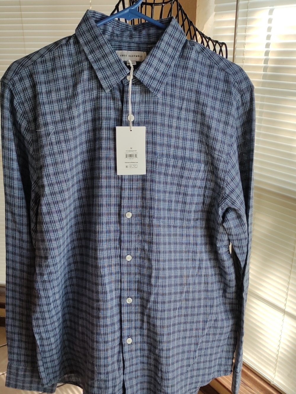 Free Assembly  Blue Check Plaid Long-Sleeve Casual Button-Down Shirt